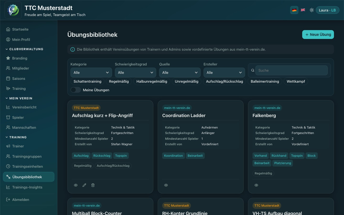 Screenshot der Übungsbibliothek mit Filteroptionen