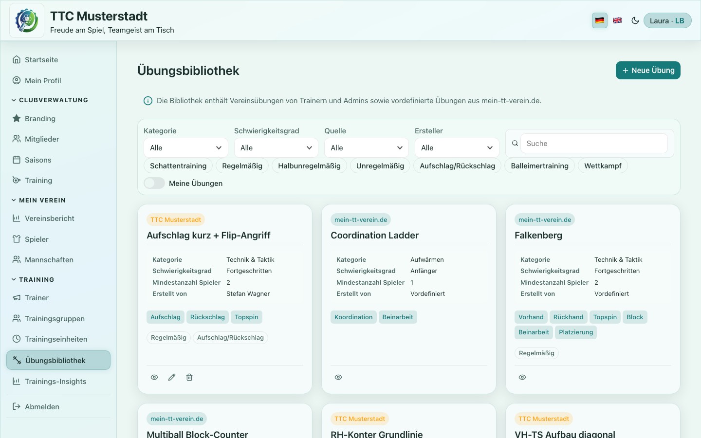 Screenshot der Übungsbibliothek mit Filteroptionen
