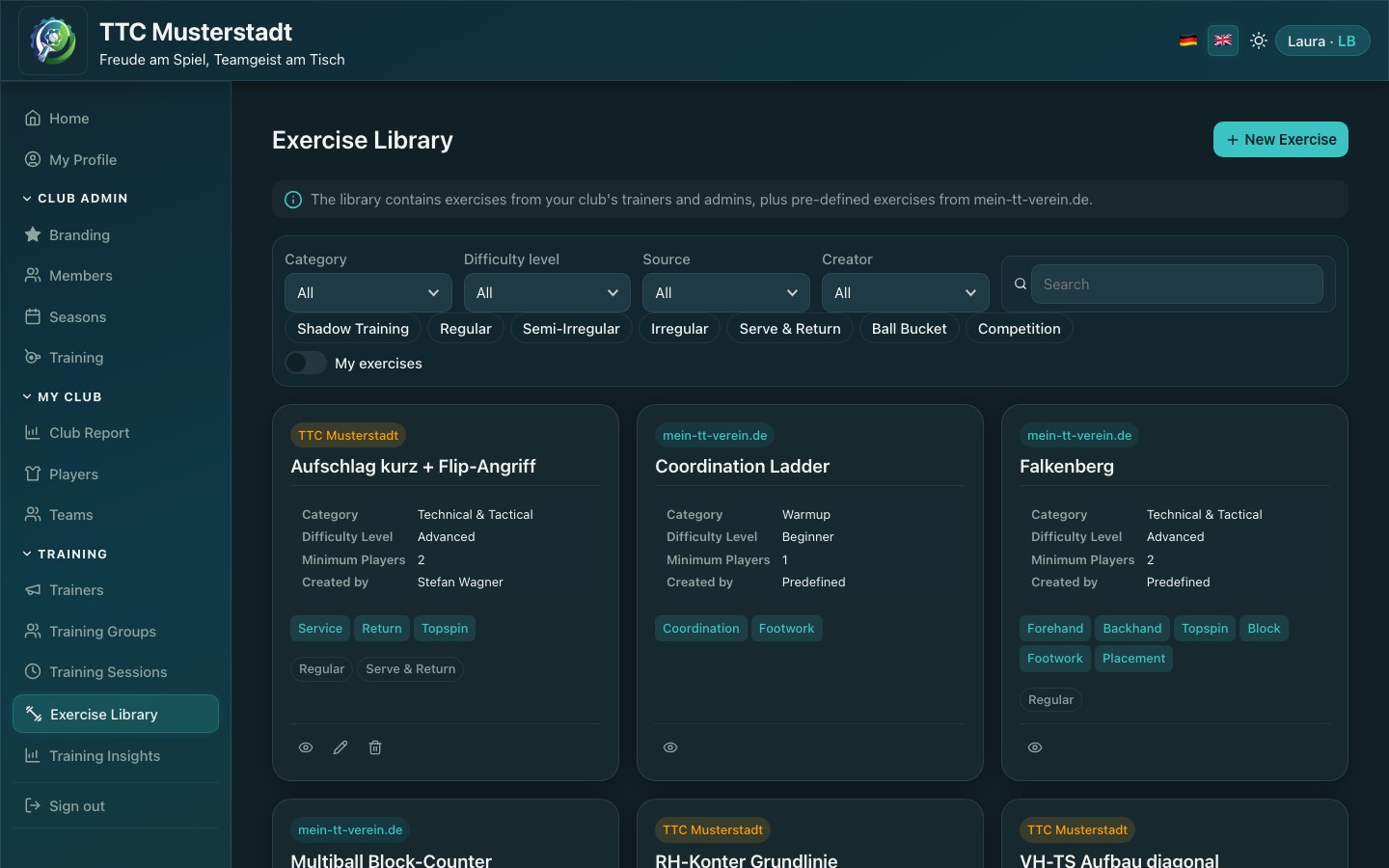 Screenshot of the exercise library with filter options