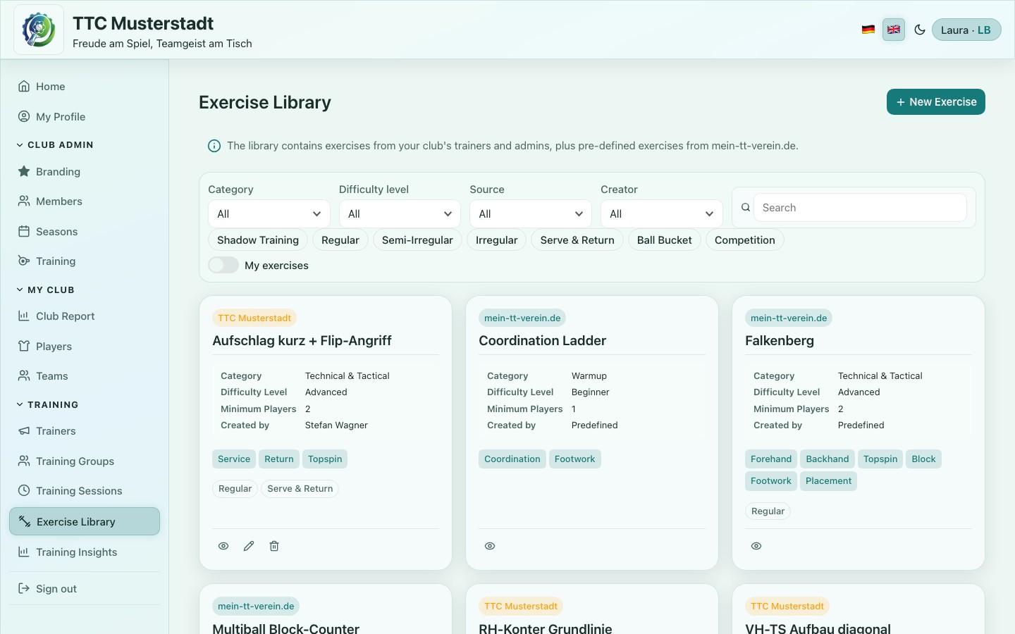 Screenshot of the exercise library with filter options