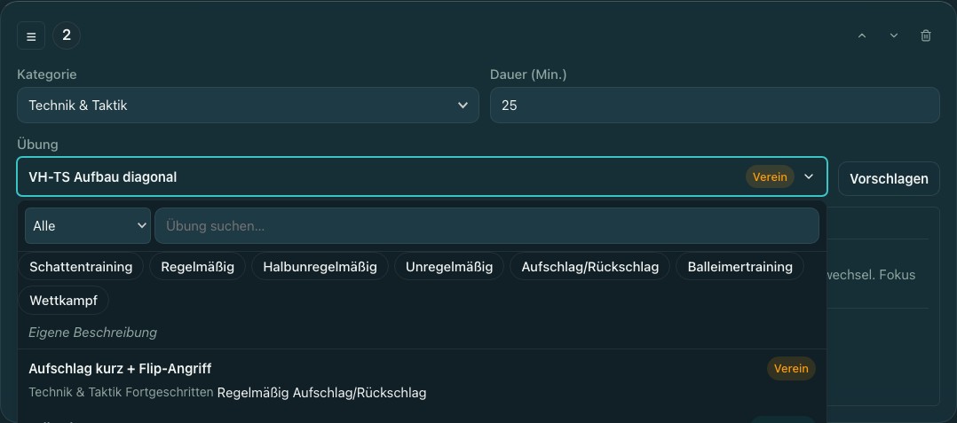 Screenshot der geöffneten Übungsauswahl im Trainingsblock
