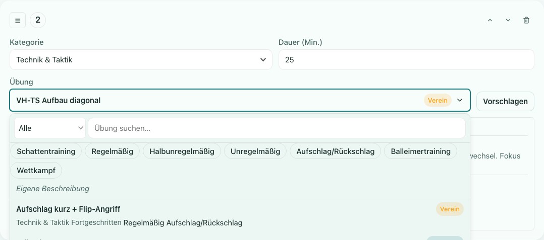 Screenshot der geöffneten Übungsauswahl im Trainingsblock