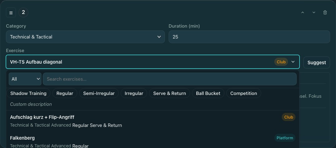 Screenshot of the exercise picker open inside a training block