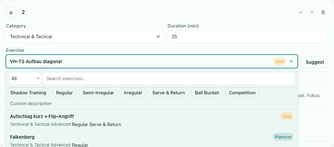 Screenshot of the exercise picker open inside a training block