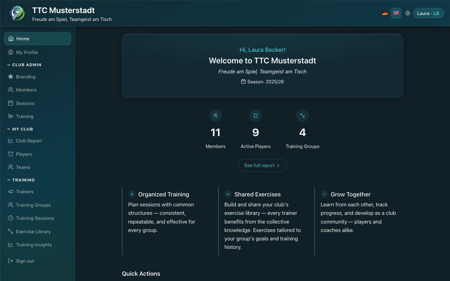 App dashboard showing active training groups and attendance statistics