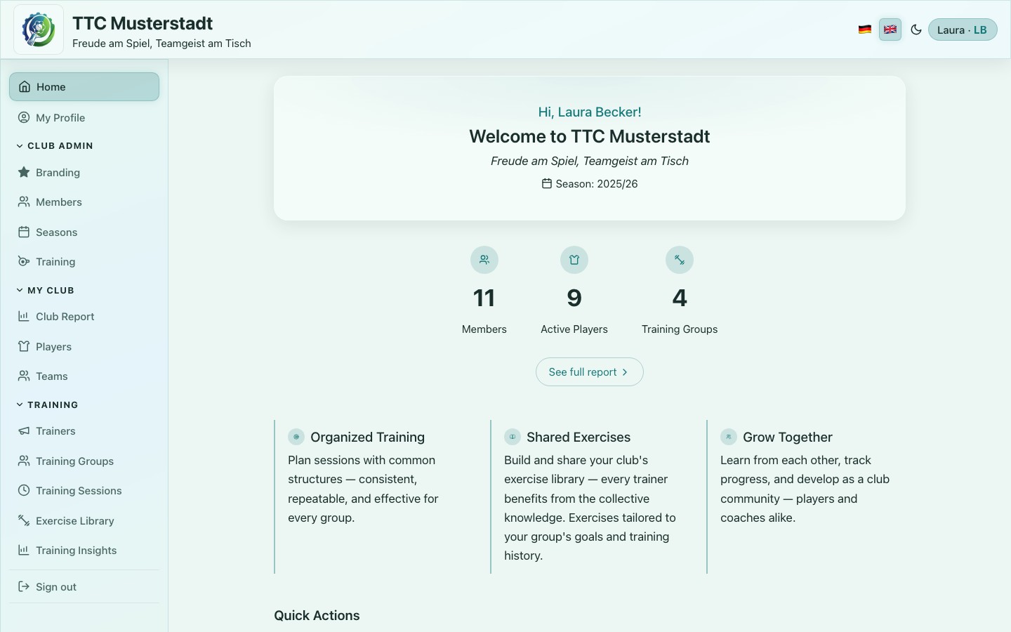 App dashboard showing active training groups and attendance statistics