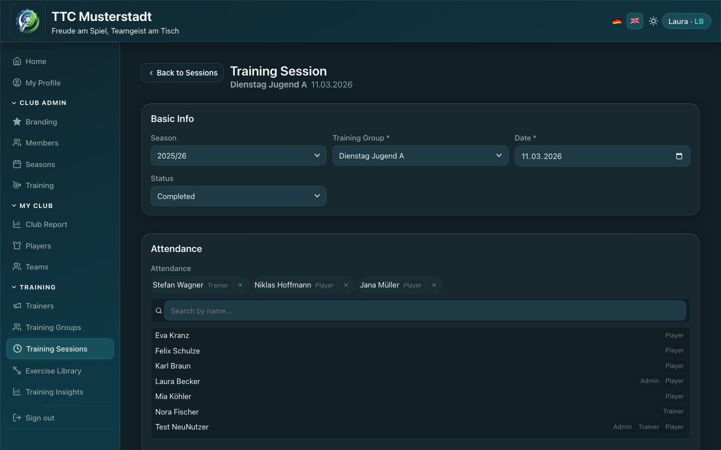 Screenshot of the session plan editor with blocks and exercises