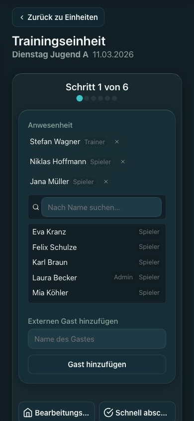Smartphone-Ansicht der Anwesenheitserfassung im Trainingsbetrieb