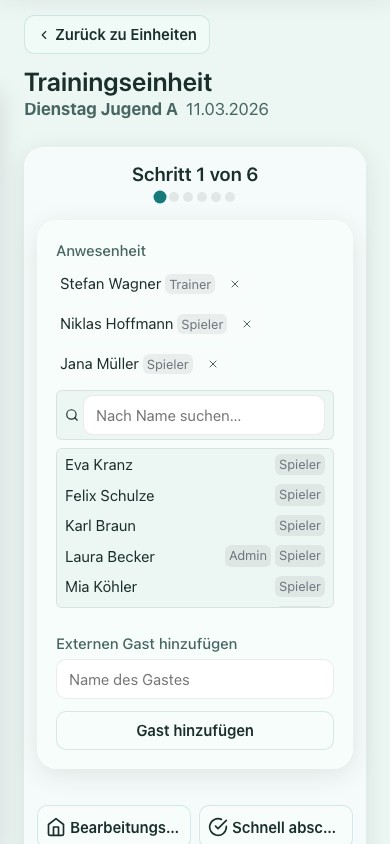 Smartphone-Ansicht der Anwesenheitserfassung im Trainingsbetrieb