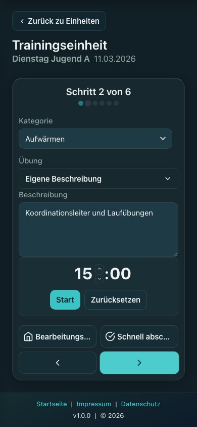 Smartphone-Ansicht einer Übung mit laufendem Timer im Trainingsbetrieb