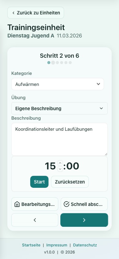 Smartphone-Ansicht einer Übung mit laufendem Timer im Trainingsbetrieb